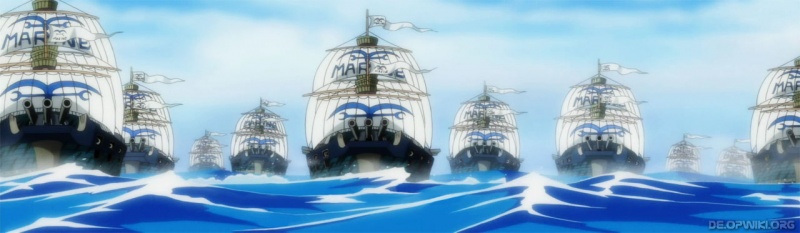 Marine-Schiffe, die den Buster Call auf Enies Lobby ausführen.